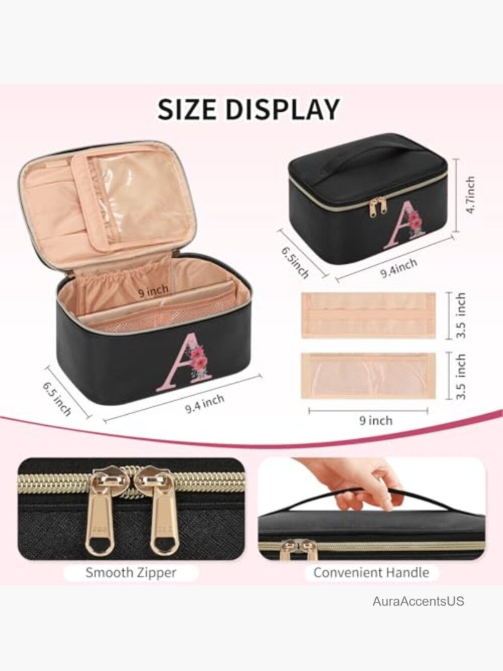 Personalized Initial Makeup Bag with Brush Holder, Travel Cosmetic Organizer - Picture 6 of 6